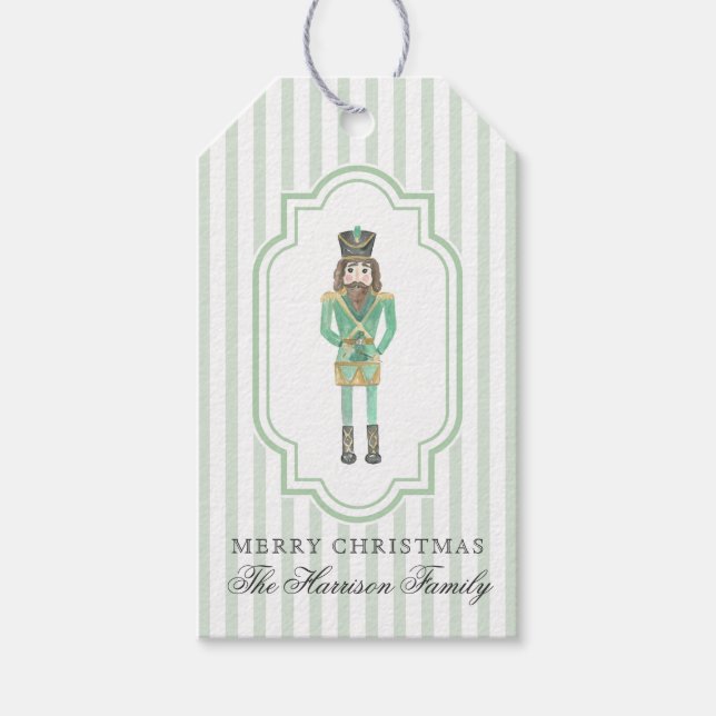 Weihnachts-Nussknacker in Preppy-Grün-Wasserfarbe Geschenkanhänger (Vorderseite)