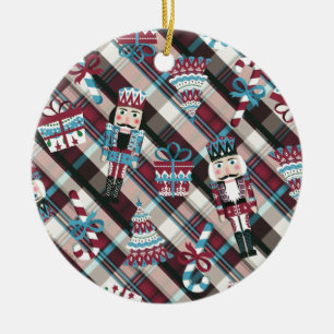 Weihnachts Nussknacker Kariert Blau Burgund Keramikornament