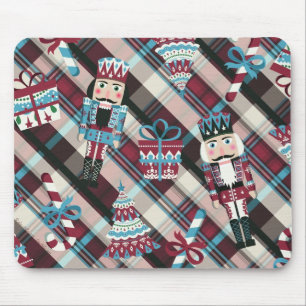 Weihnachts Nussknacker Kariert Blau Burgund Mousepad