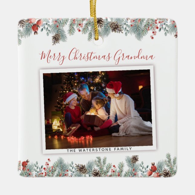 Weihnachts-Oma Familie Foto Botanisch Keramikornament (Vorderseite)