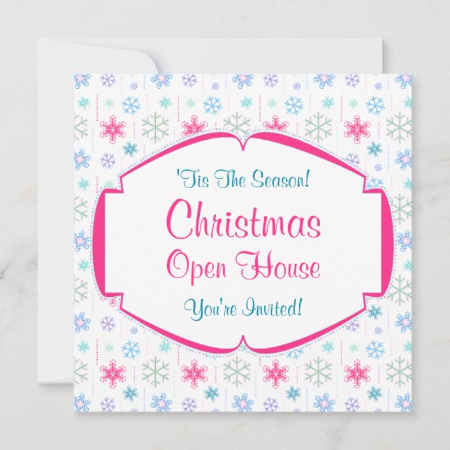 Weihnachts-Open House Farbenfrohe Schneeflocken Einladung (Vorderseite)
