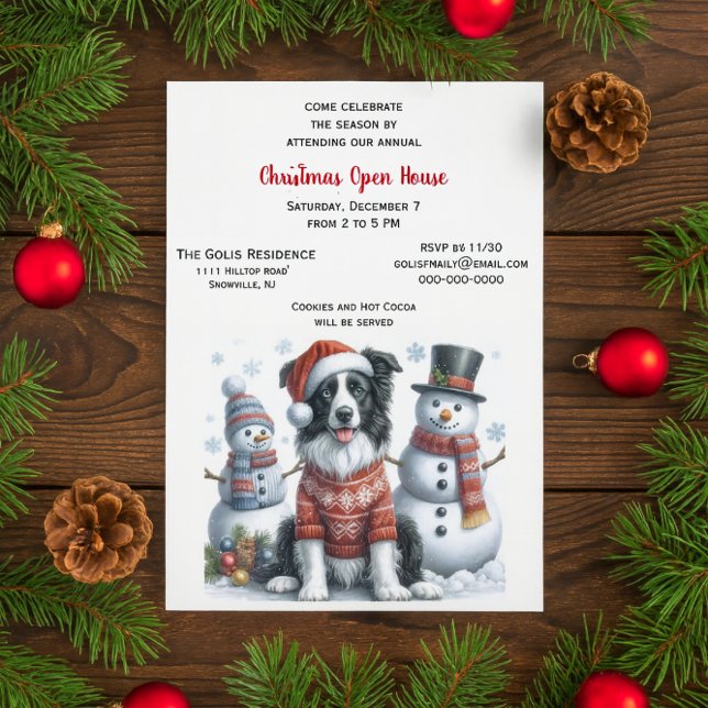 Weihnachts-Open-House mit Border Collie und Schnee Einladung (	Border Collie Christmas open house invitation with snowman friends)