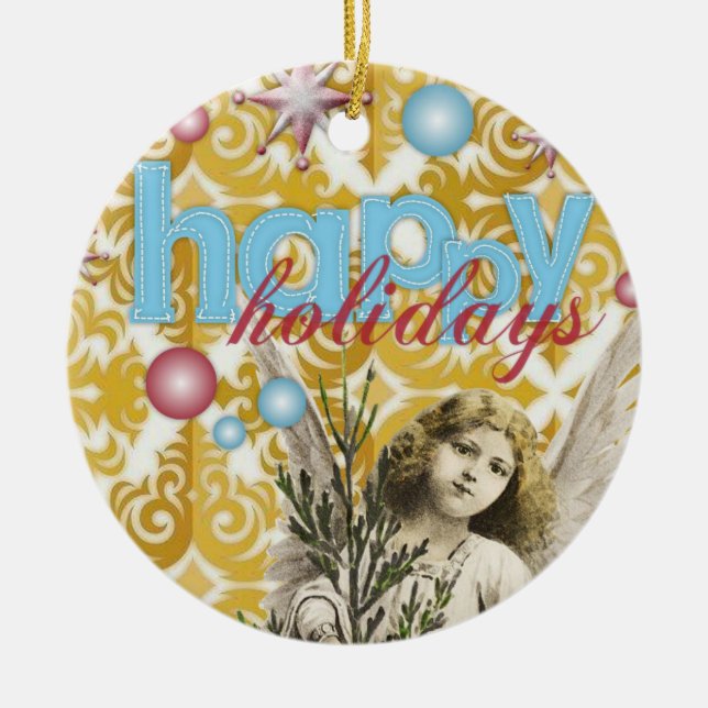 Weihnachts-Ornament, Happy Holidays Engel Keramik Ornament (Vorne)