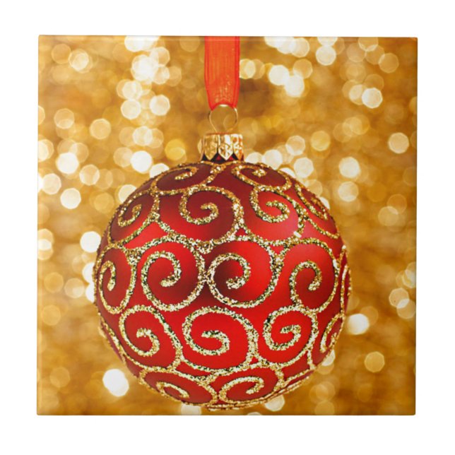 Weihnachts-Ornament Rot mit Gold Twinkle Lights Fliese (Vorderseite)