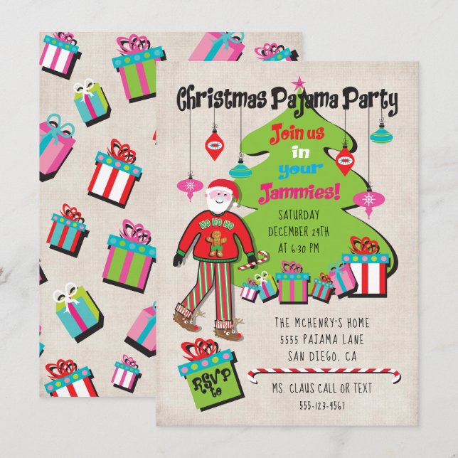 Weihnachts-Pajama-Party mit Weihnachtsmann und Ges Einladung (Vorne/Hinten)