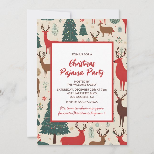Weihnachts Pajama Party Schlumber Whimsical Hirsch Einladung (Vorderseite)