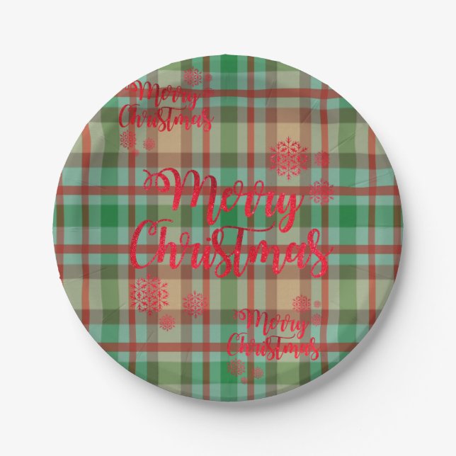 Weihnachts-Papier-Teller, frohe Weihnachten Karier Pappteller (Vorderseite)