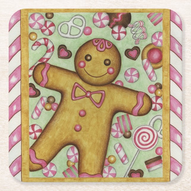 Weihnachts-Papier-Unterlagen mit Gingerbread Boy Rechteckiger Pappuntersetzer (Vorderseite)