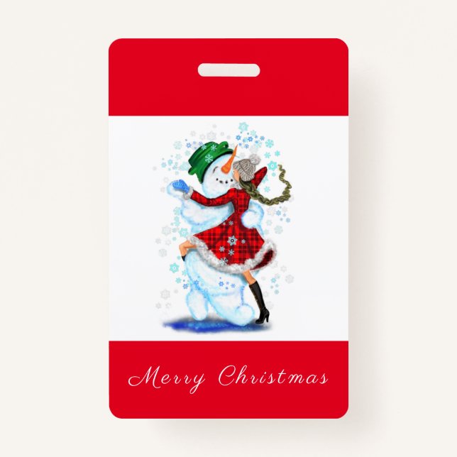 Weihnachts Party Abzeichen Snowman und Girl Dance Ausweis (Vorderseite)