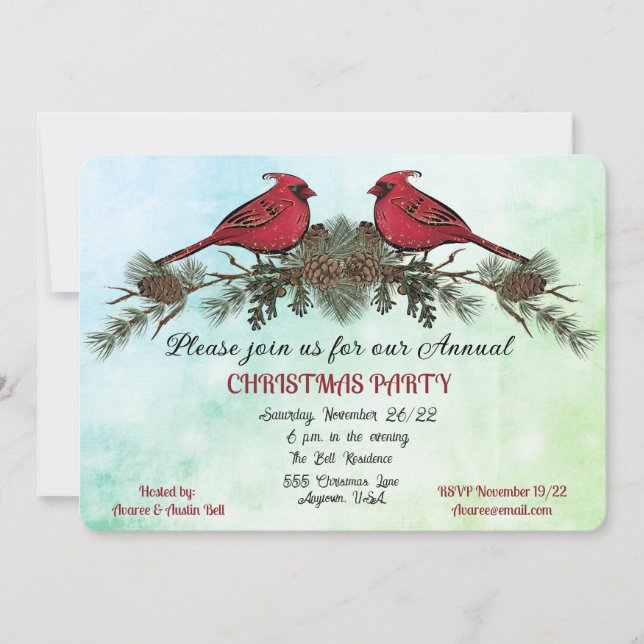 Weihnachts-Party Aquarell Kardinäle Einladung (Vorderseite)