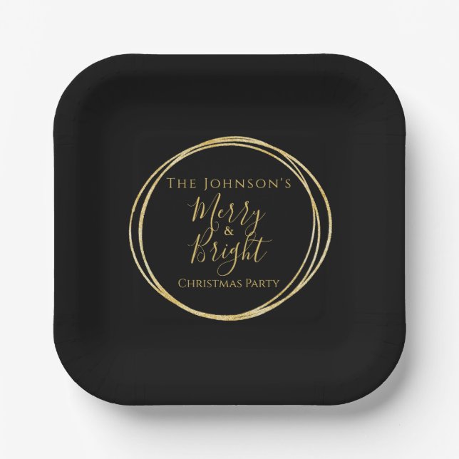 Weihnachts-Party Black Gold Familienname Pappteller (Vorderseite)
