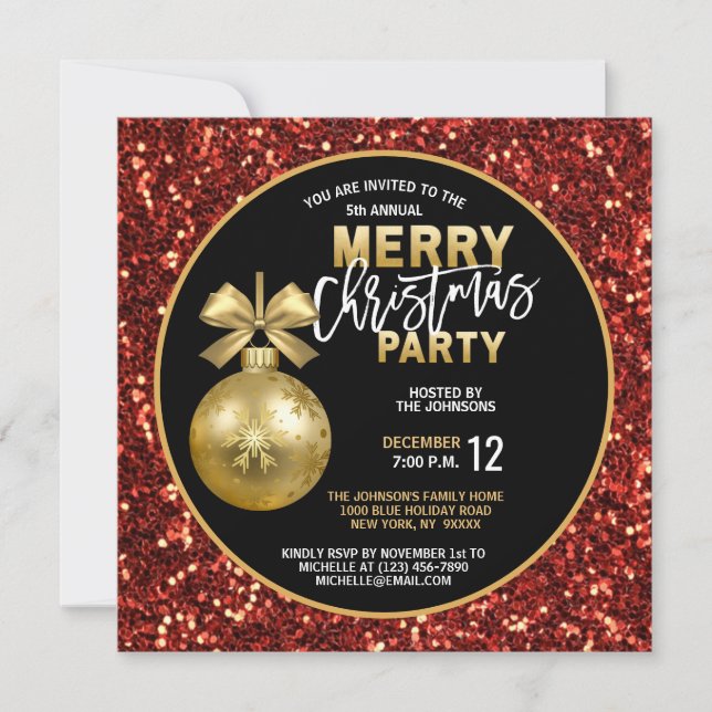 Weihnachts-PARTY Black Gold Red Glitzer Bauble Einladung (Vorderseite)