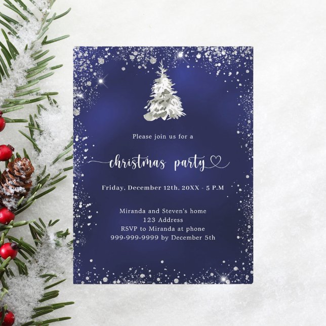 Weihnachts Party Blau silber Glitzer funkeln Einladungspostkarte (Von Creator hochgeladen)