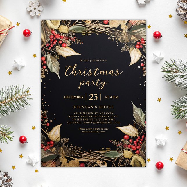 Weihnachts-Party botanischer Schwarz-Gold-Urlaub Einladung (Christmas Party Botanical Black And Gold Holiday Invitation)