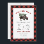 Weihnachts-Party Buffalo Bison Tree Santa Rot Kari Einladung<br><div class="desc">Illustration eines Büffelbisons mit Weihnachtsmannmütze,  der an den Rücken des Weihnachtsbaumes gebunden ist. Kariertes,  schwarz-rotes Büffel-Randdesign mit schwarzem und rotem Text.</div>