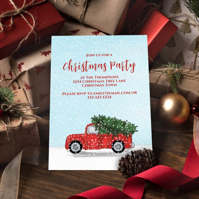 Weihnachts-Party Classic Red Truck Einladung (Holiday cute Christmas vintage red truck invitation with freshly falling snow. )