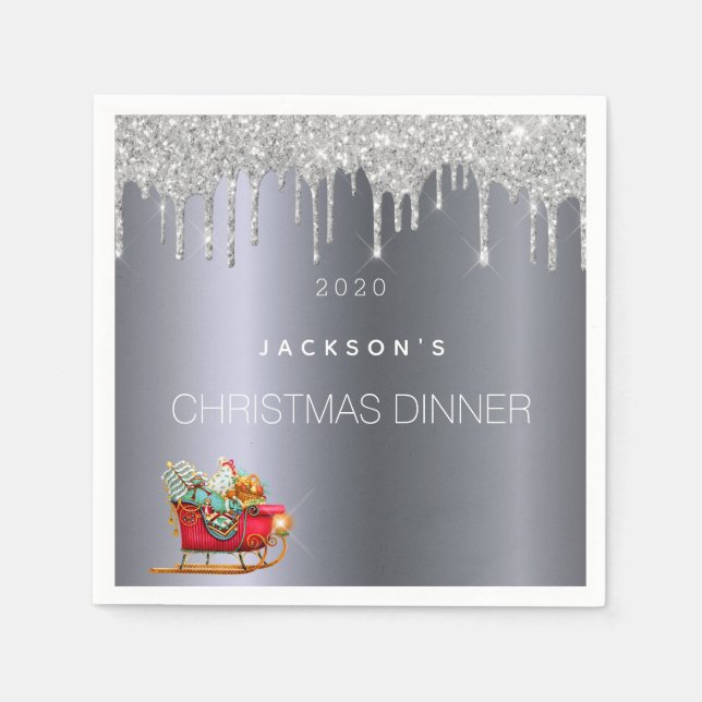 Weihnachts-Party-Dinner Silber Glitzer Schlittenna Serviette (Vorderseite)