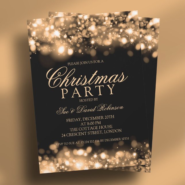 Weihnachts-Party Einladung (Gold Christmas Party Sparkling Lights Invitation)