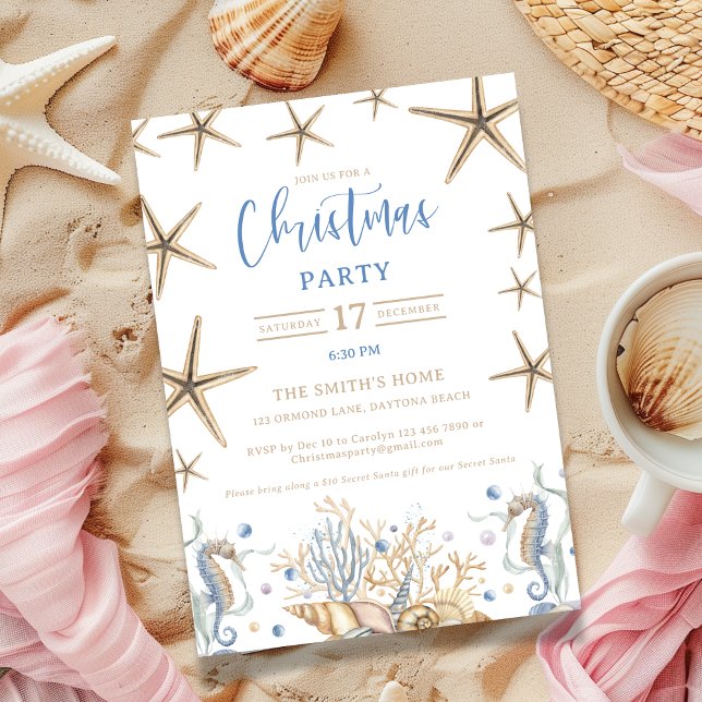 Weihnachts-Party Einladung an der Küste (oastal Christmas invite featuring a soothing blend of sand and blue colors and delicate sea stars)