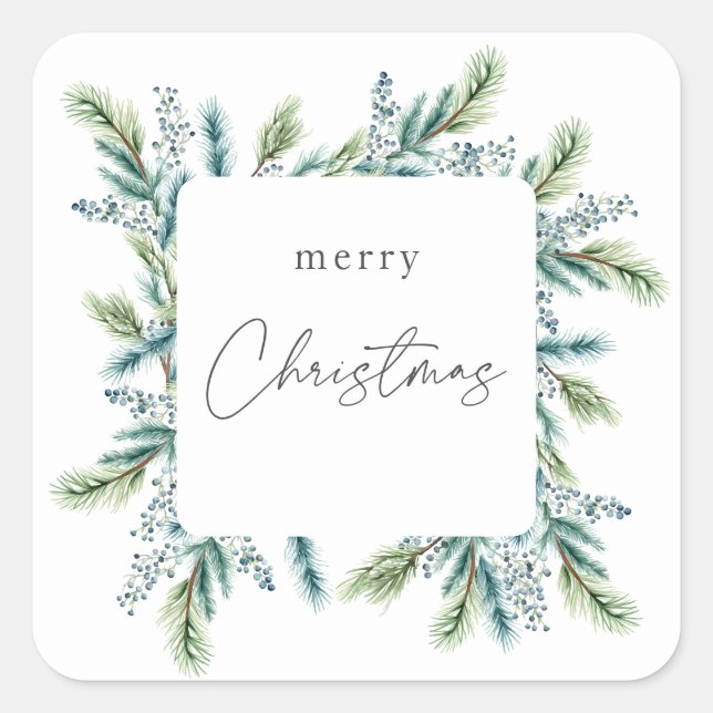Weihnachts-Party Einladung Boho Spruce und Fir Quadratischer Aufkleber (Vorderseite)