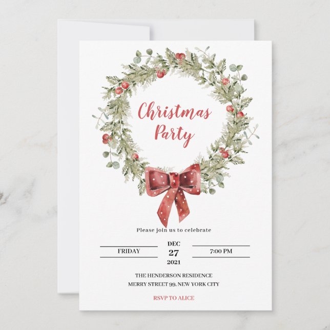 Weihnachts-Party Einladung Holly Wreath Ribbon (Vorderseite)