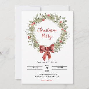 Weihnachts-Party Einladung Holly Wreath Ribbon