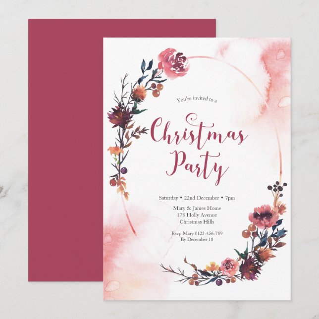 Weihnachts-Party Einladung | Winter-Blumenkranz (Vorne/Hinten)