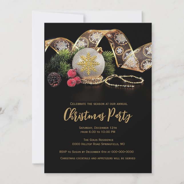Weihnachts-Party Elegante Gold auf dem Schwarzen M Einladung (Vorderseite)
