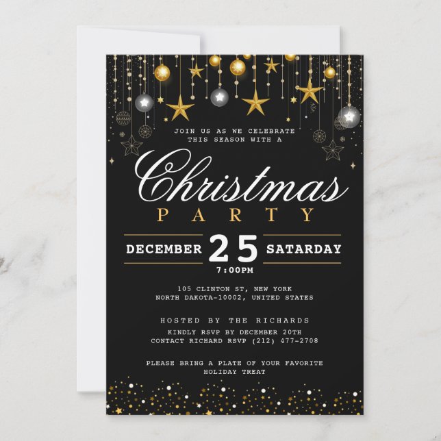 Weihnachts-Party Elegantes Schwarzes Glitzer Einladung (Vorderseite)