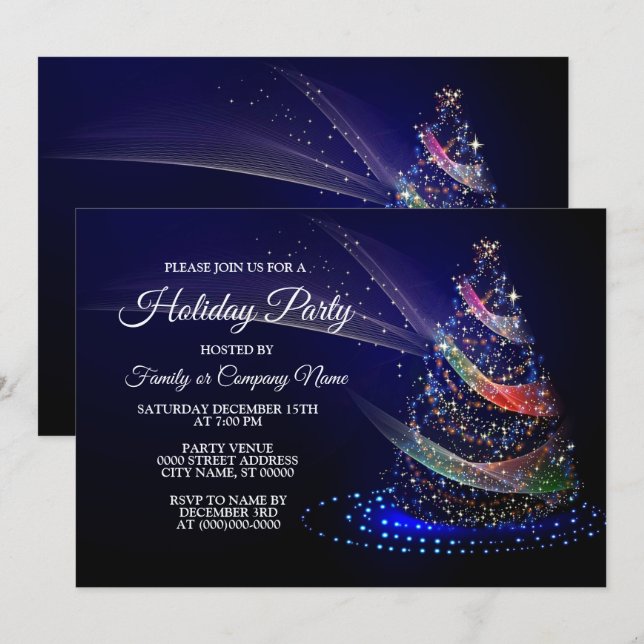 Weihnachts Party farbenfrohe Bäume Navy Blue Rusti Einladung (Vorne/Hinten)