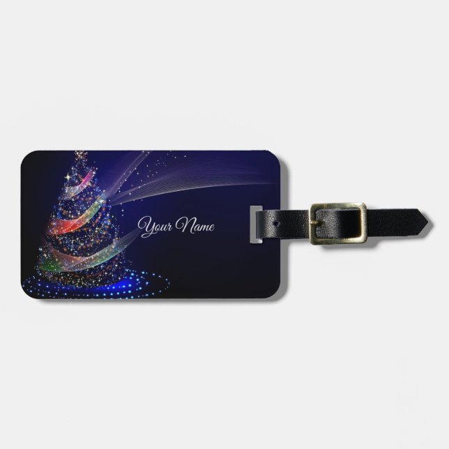 Weihnachts Party farbenfrohe Bäume Navy Blue Rusti Gepäckanhänger (Vorderseite horizontal)