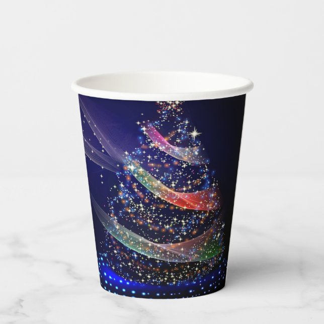 Weihnachts Party farbenfrohe Bäume Navy Blue Rusti Pappbecher (Rückseite)
