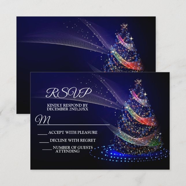 Weihnachts Party farbenfrohe Bäume Navy Blue Rusti RSVP Karte (Vorne/Hinten)