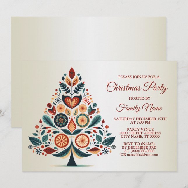 Weihnachts-Party Farbenfrohe Bäume Skandinavien Fo Einladung (Vorne/Hinten)