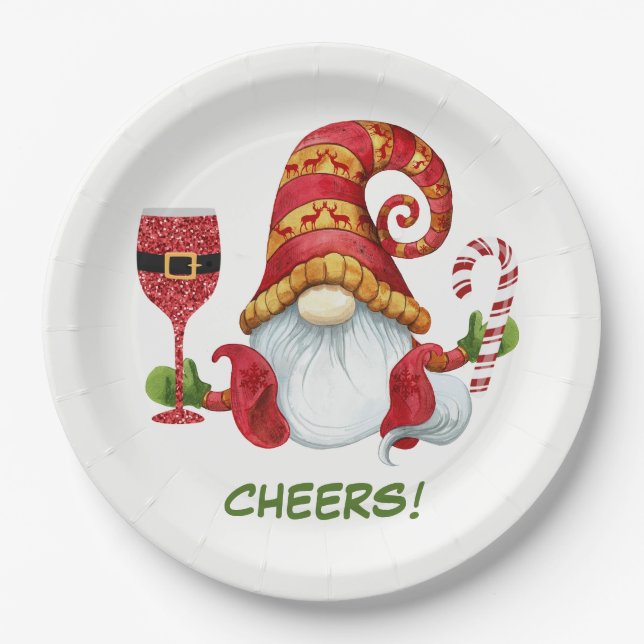 Weihnachts-Party Gnome Cheers Pappteller (Vorderseite)