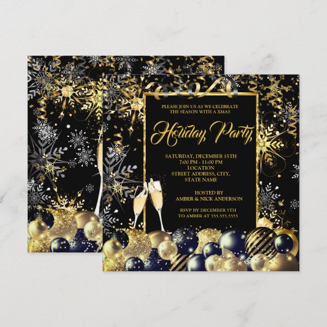 Weihnachts-Party Gold Black Snowflakes Einladung (Vorne/Hinten)