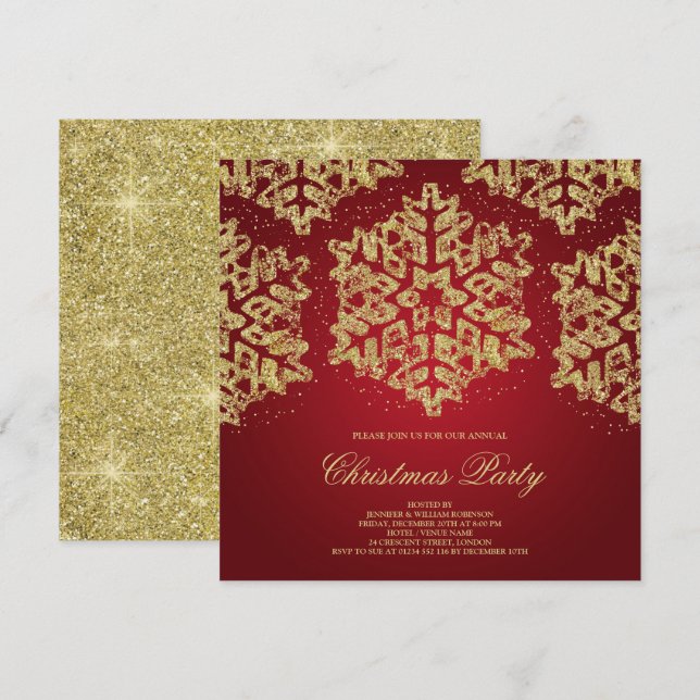 Weihnachts-Party Gold und Roter Glitzer Elegante Einladung (Vorne/Hinten)