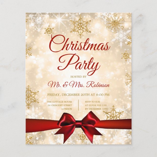 Weihnachts-Party Gold Winter Sparkone Rote Schleif Flyer (Vorne)