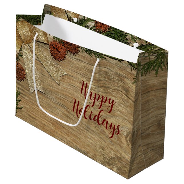 Weihnachts-Party Golden Green Blätter Rot Rustikal Große Geschenktüte (Vorderseite Schrägansicht)