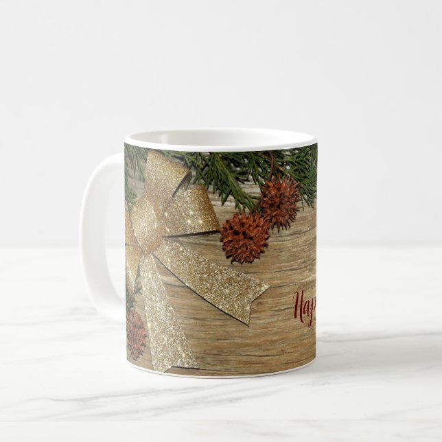 Weihnachts-Party Golden Green Blätter Rot Rustikal Kaffeetasse (Vorderseite Links)