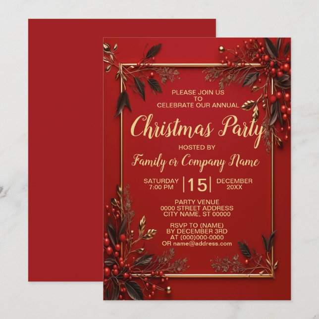Weihnachts-Party Golden Red Blätter Urlaub Einladung (Vorne/Hinten)