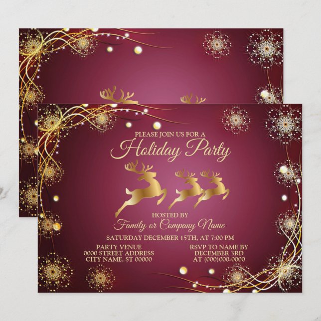 Weihnachts-Party Golden Rentiers Rosa Elegante Einladung (Vorne/Hinten)