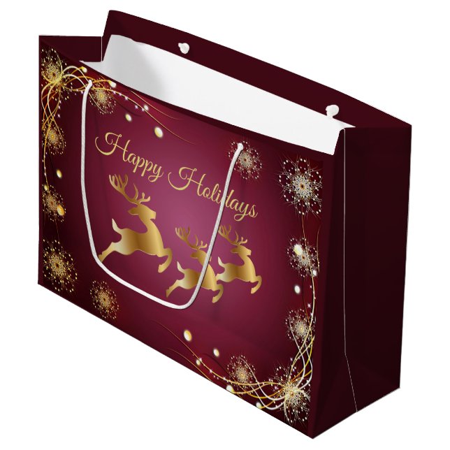 Weihnachts-Party Golden Rentiers Rosa Elegante Große Geschenktüte (Vorderseite Schrägansicht)