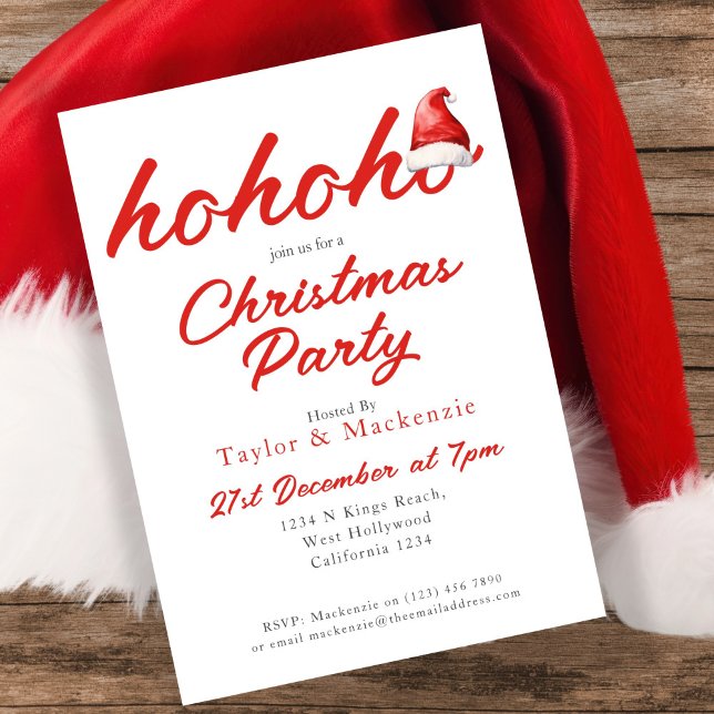 Weihnachts-Party Ho Ho Ho Weihnachtsmannmütze Einladung (Christmas Party Ho Ho Ho Santa Hat Invitations by Ricaso. Fun dinner or drink party invites
)
