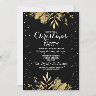 Weihnachts-Party Holly Snow Black Gold Xmas Einlad Einladung