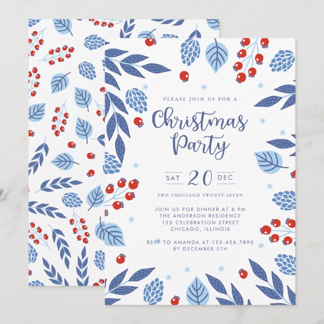 Weihnachts-Party in Blau und Rot Einladung (Vorne/Hinten)