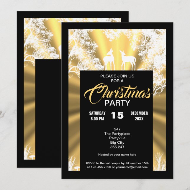 Weihnachts-Party in Gold und Schwarzwald Einladung (Vorne/Hinten)