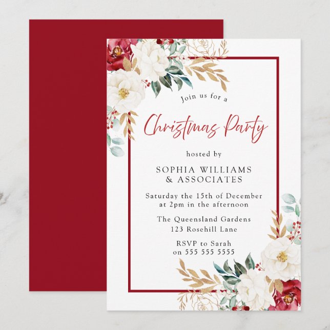 Weihnachts-Party in Rot-Weiß-Blüten Einladung (Vorne/Hinten)