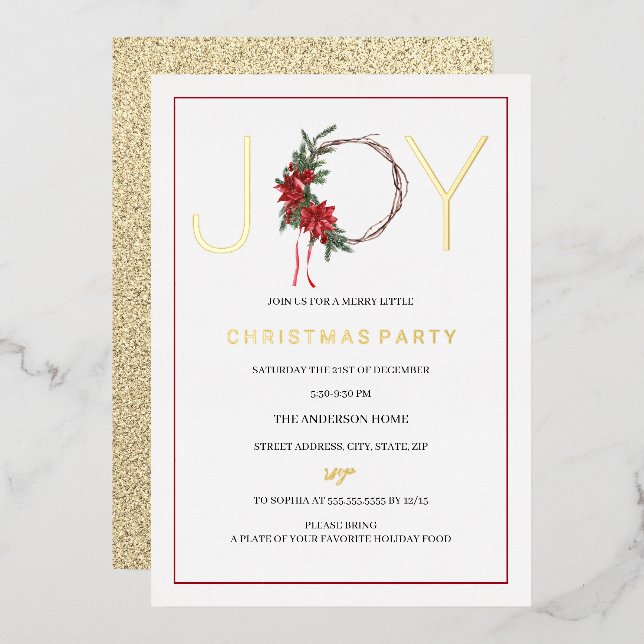Weihnachts-Party Joy Red Foliage Wreath Folieneinladung (Vorderseite/Rückseite)