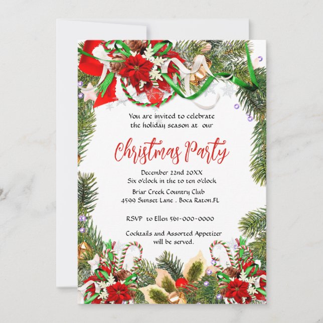 Weihnachts-Party Kranz mit Poinsettia Einladung (Vorderseite)